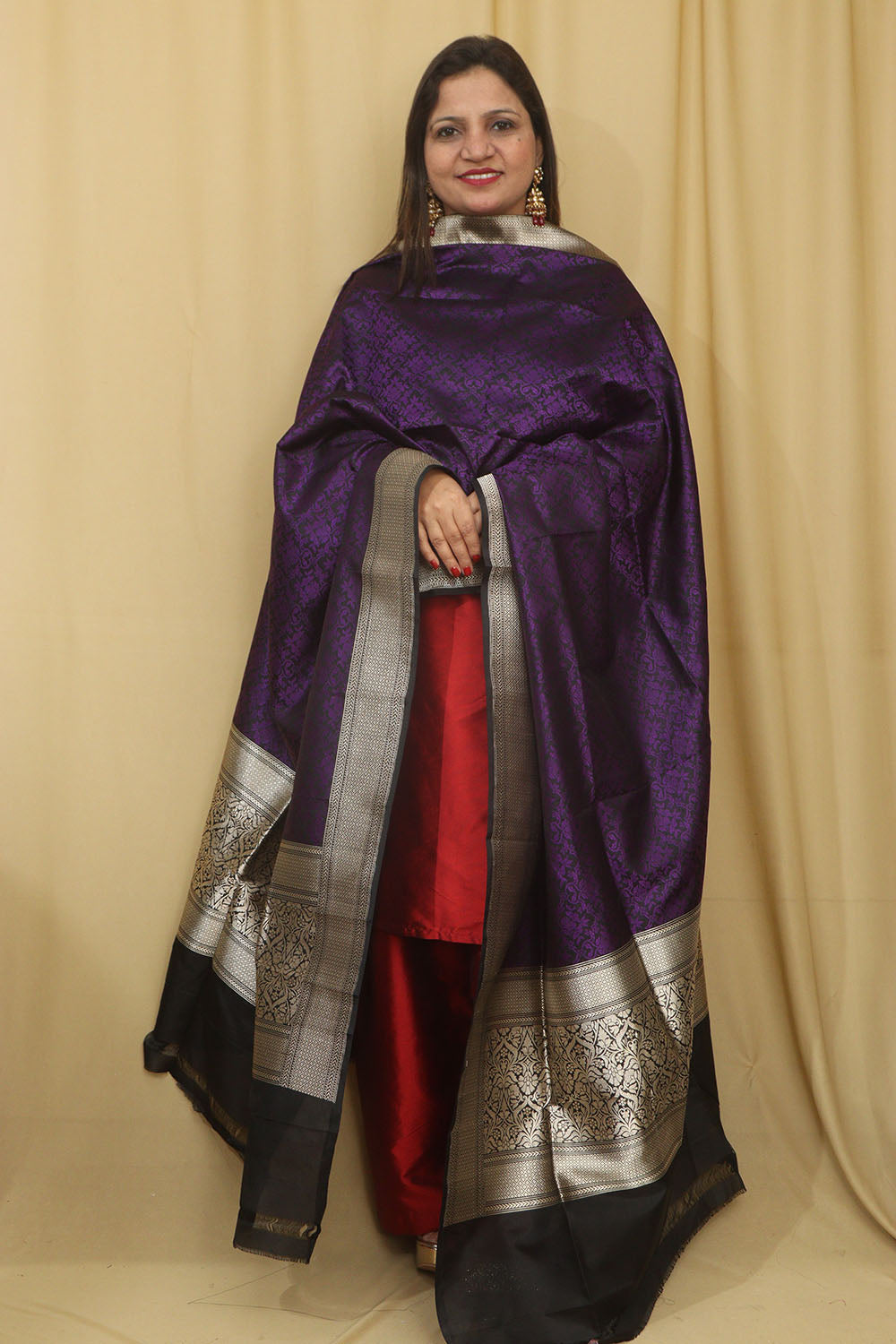 Exquisite Purple Banarasi Handloom Pure Katan Silk Dupatta - Luxurion World- Crafted Heirlooms