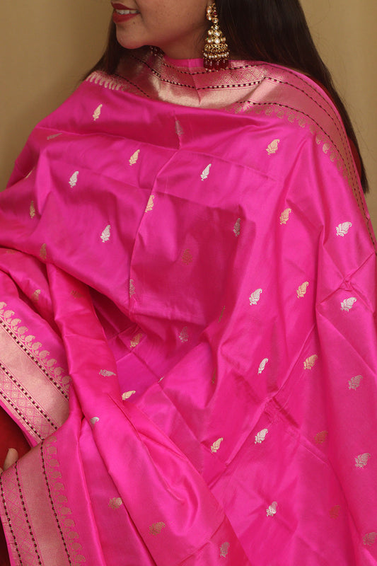 Pink Banarasi Handloom Pure Katan Silk Dupatta - Luxurion World