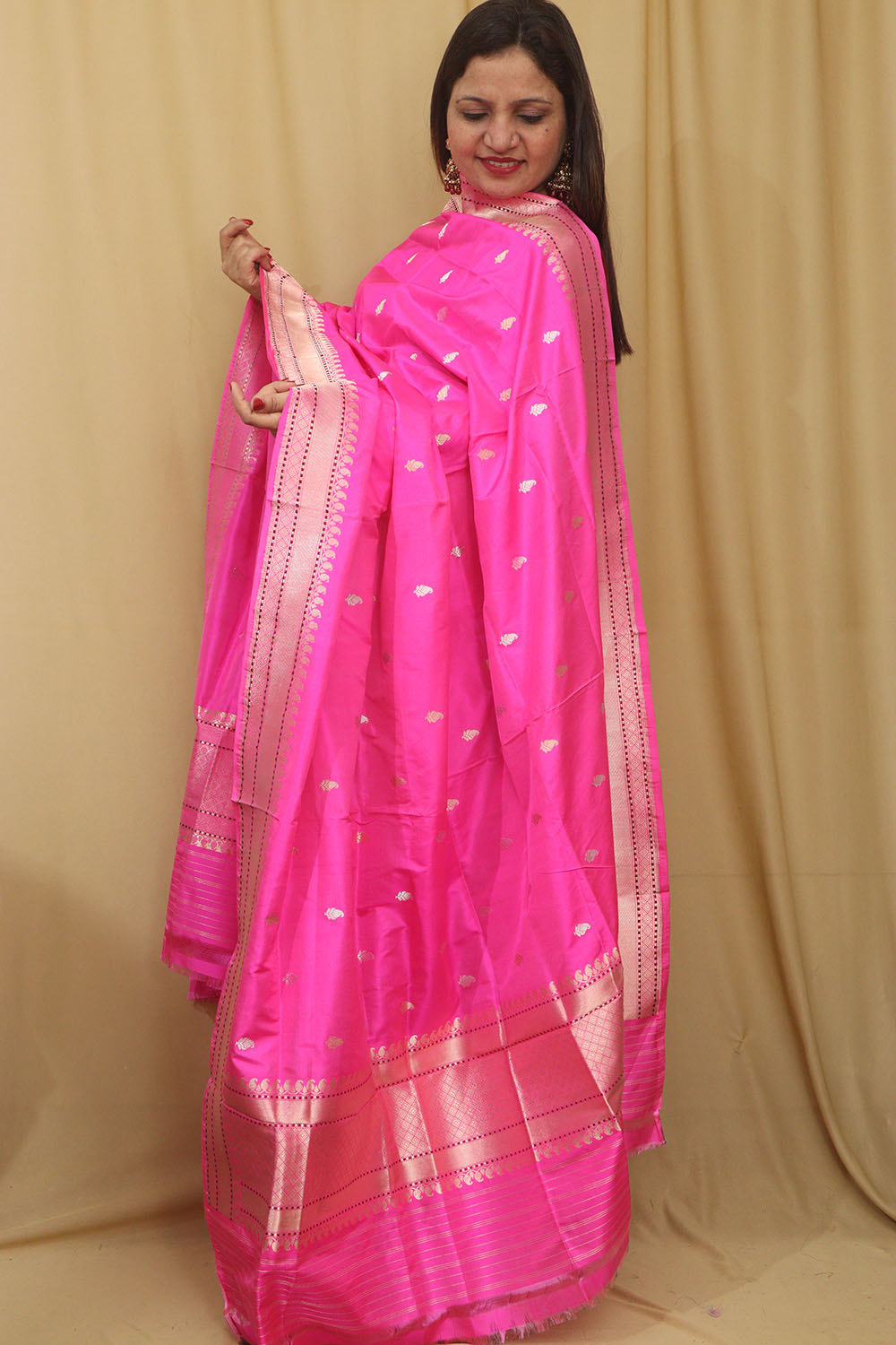Pink Banarasi Handloom Pure Katan Silk Dupatta - Luxurion World- Crafted Heirlooms