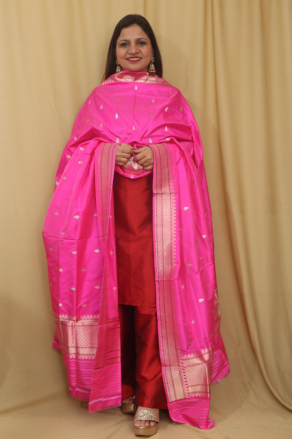 Pink Banarasi Handloom Pure Katan Silk Dupatta - Luxurion World- Crafted Heirlooms