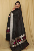 Exquisite Black Banarasi Handloom Pure Katan Silk Dupatta - Luxurion World- Crafted Heirlooms