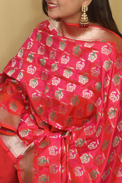 Pink Banarasi Handloom Pure Katan Silk Dupatta - Luxurion World