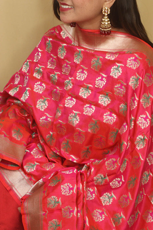 Pink Banarasi Handloom Pure Katan Silk Dupatta - Luxurion World