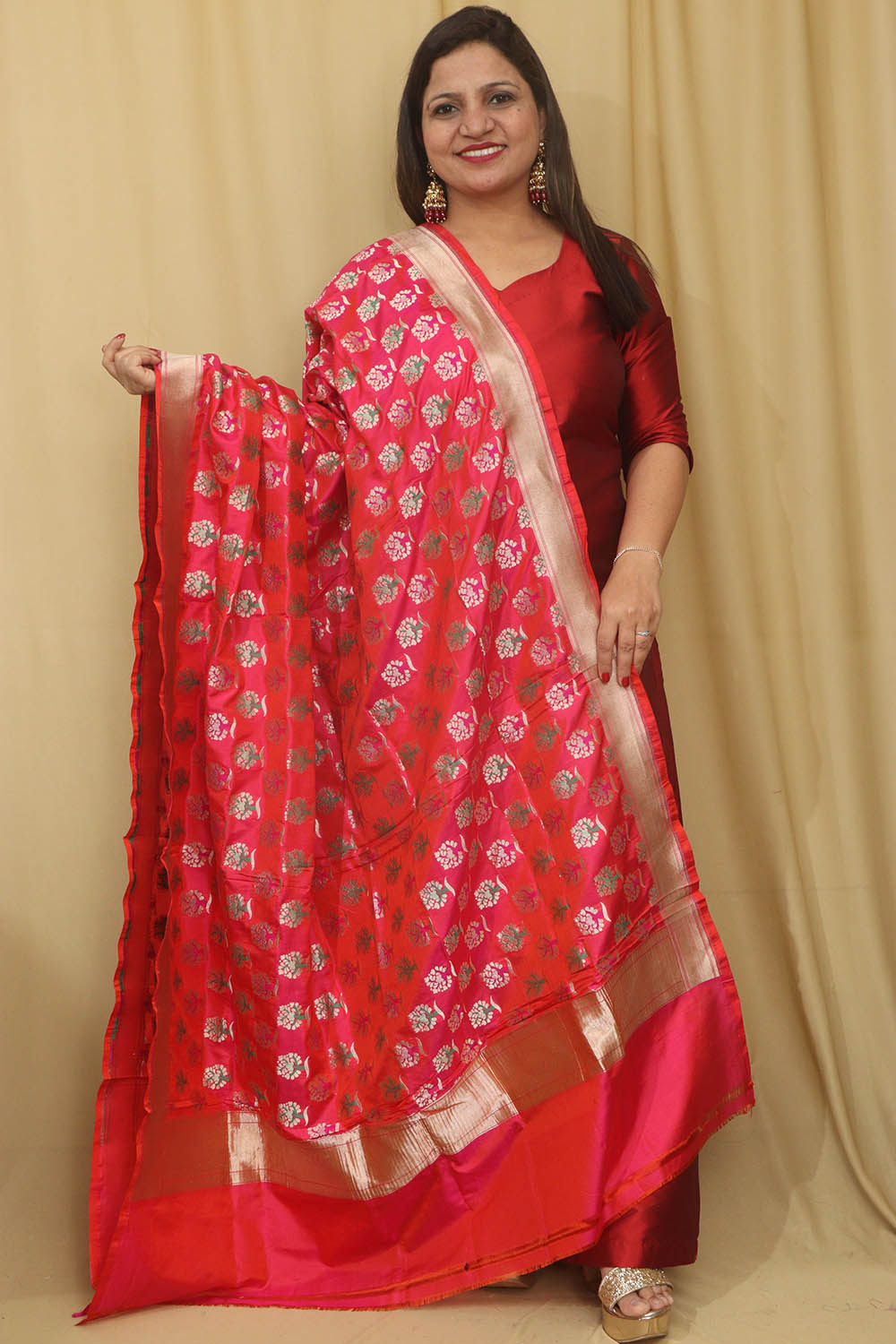 Pink Banarasi Handloom Pure Katan Silk Dupatta - Luxurion World- Crafted Heirlooms