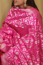 Pink Banarasi Handloom Pure Katan Silk Dupatta - Luxurion World- Crafted Heirlooms