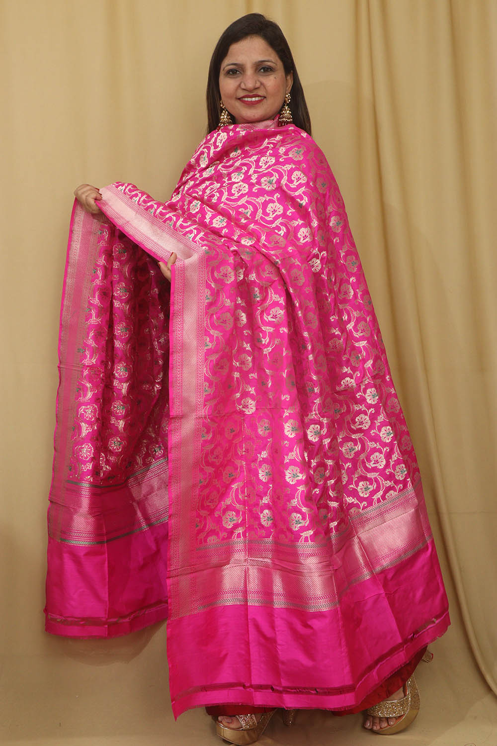 Pink Banarasi Handloom Pure Katan Silk Dupatta - Luxurion World- Crafted Heirlooms