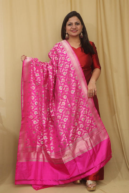 Pink Banarasi Handloom Pure Katan Silk Dupatta - Luxurion World
