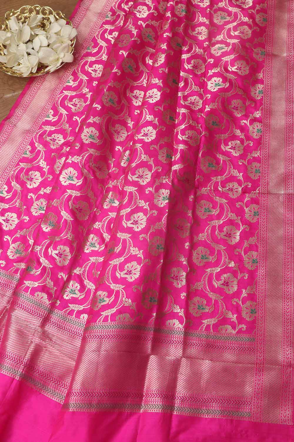 Pink Banarasi Handloom Pure Katan Silk Dupatta - Luxurion World- Crafted Heirlooms