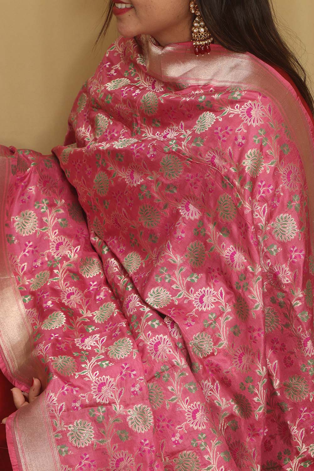 Pink Banarasi Handloom Pure Katan Silk Dupatta - Luxurion World- Crafted Heirlooms