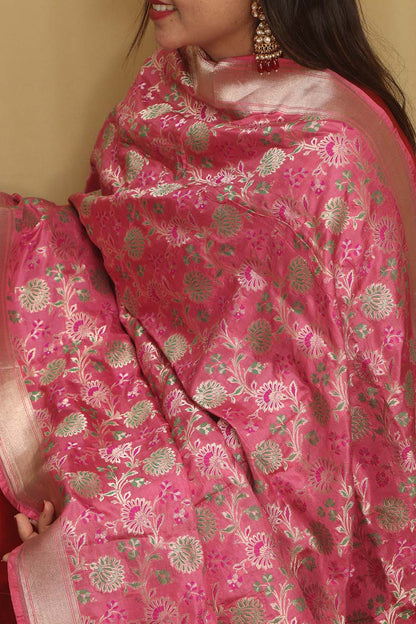 Pink Banarasi Handloom Pure Katan Silk Dupatta - Luxurion World