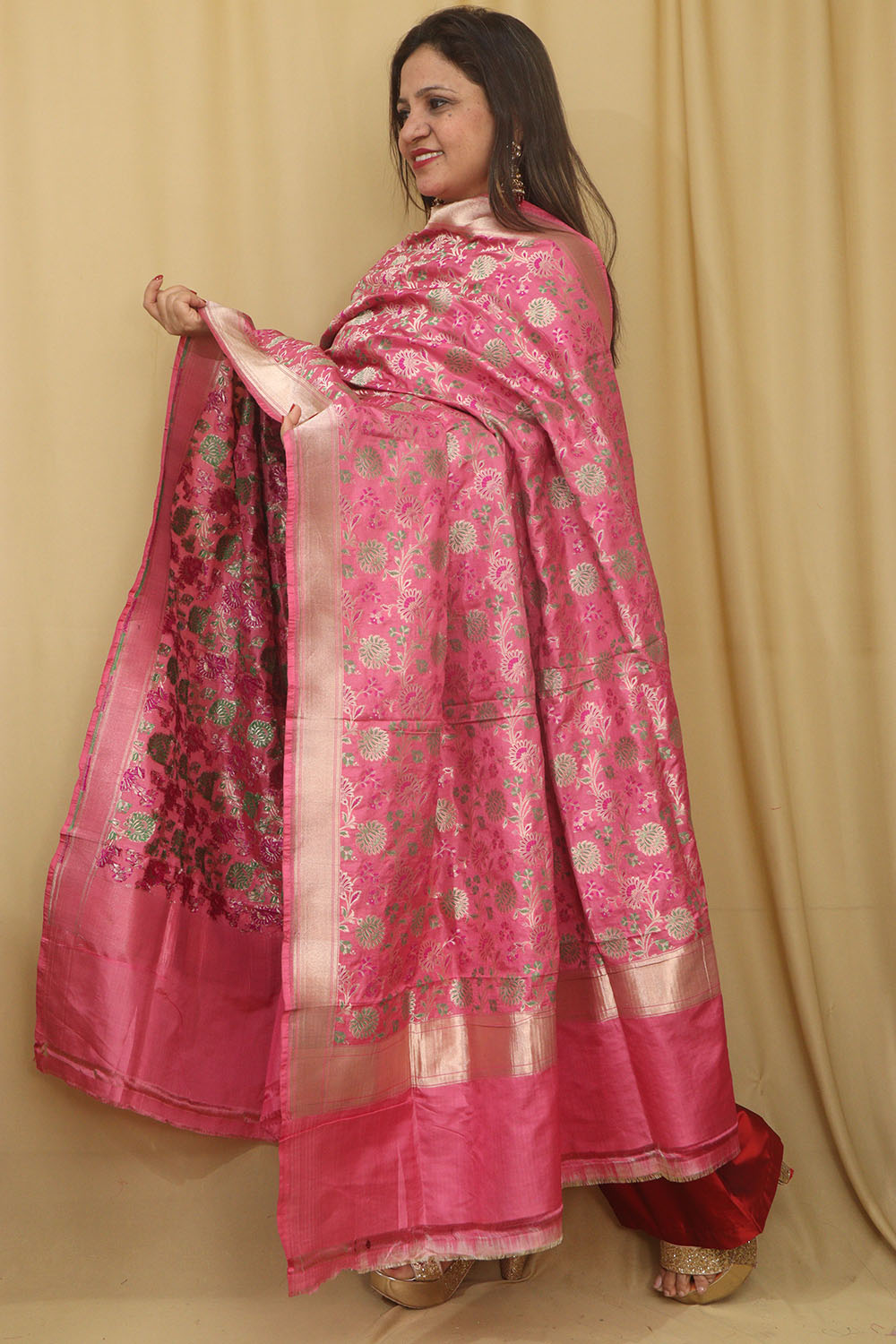 Pink Banarasi Handloom Pure Katan Silk Dupatta - Luxurion World- Crafted Heirlooms
