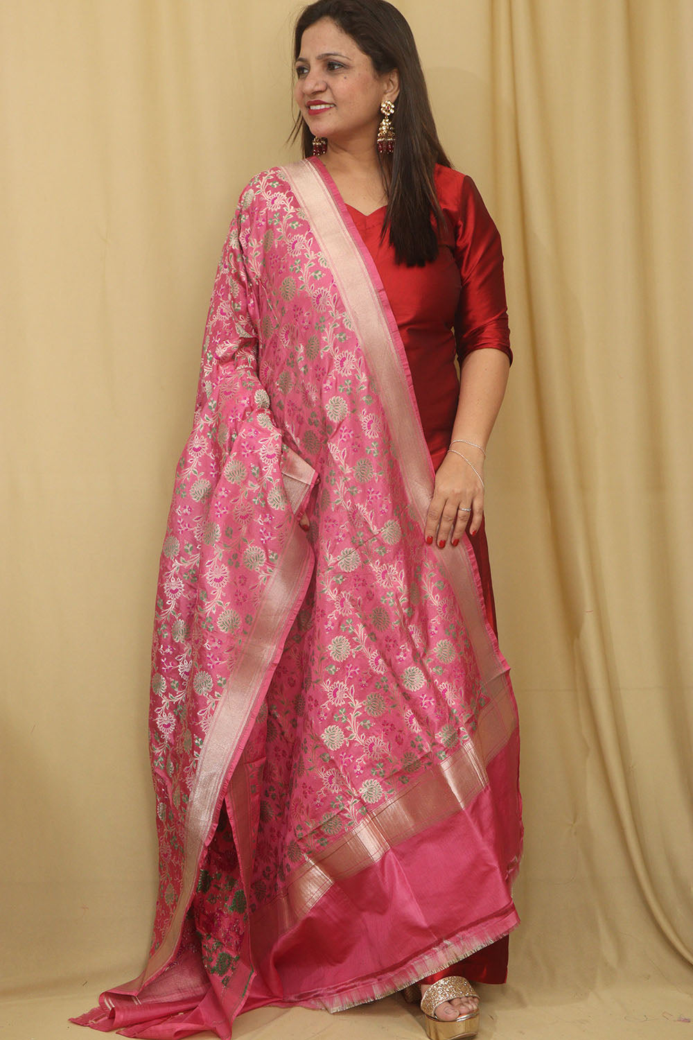 Pink Banarasi Handloom Pure Katan Silk Dupatta - Luxurion World- Crafted Heirlooms