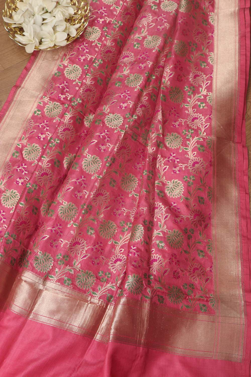 Pink Banarasi Handloom Pure Katan Silk Dupatta - Luxurion World- Crafted Heirlooms