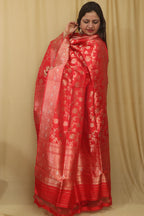 Exquisite Red Banarasi Handloom Pure Katan Silk Dupatta - Luxurion World- Crafted Heirlooms