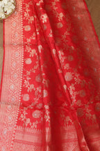 Exquisite Red Banarasi Handloom Pure Katan Silk Dupatta - Luxurion World- Crafted Heirlooms