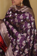 Exquisite Purple Banarasi Handloom Pure Katan Silk Dupatta - Luxurion World- Crafted Heirlooms