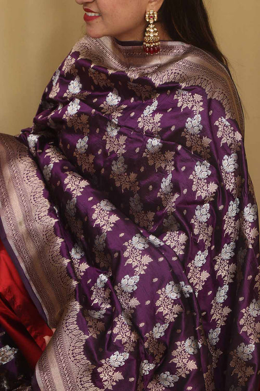 Exquisite Purple Banarasi Handloom Pure Katan Silk Dupatta - Luxurion World