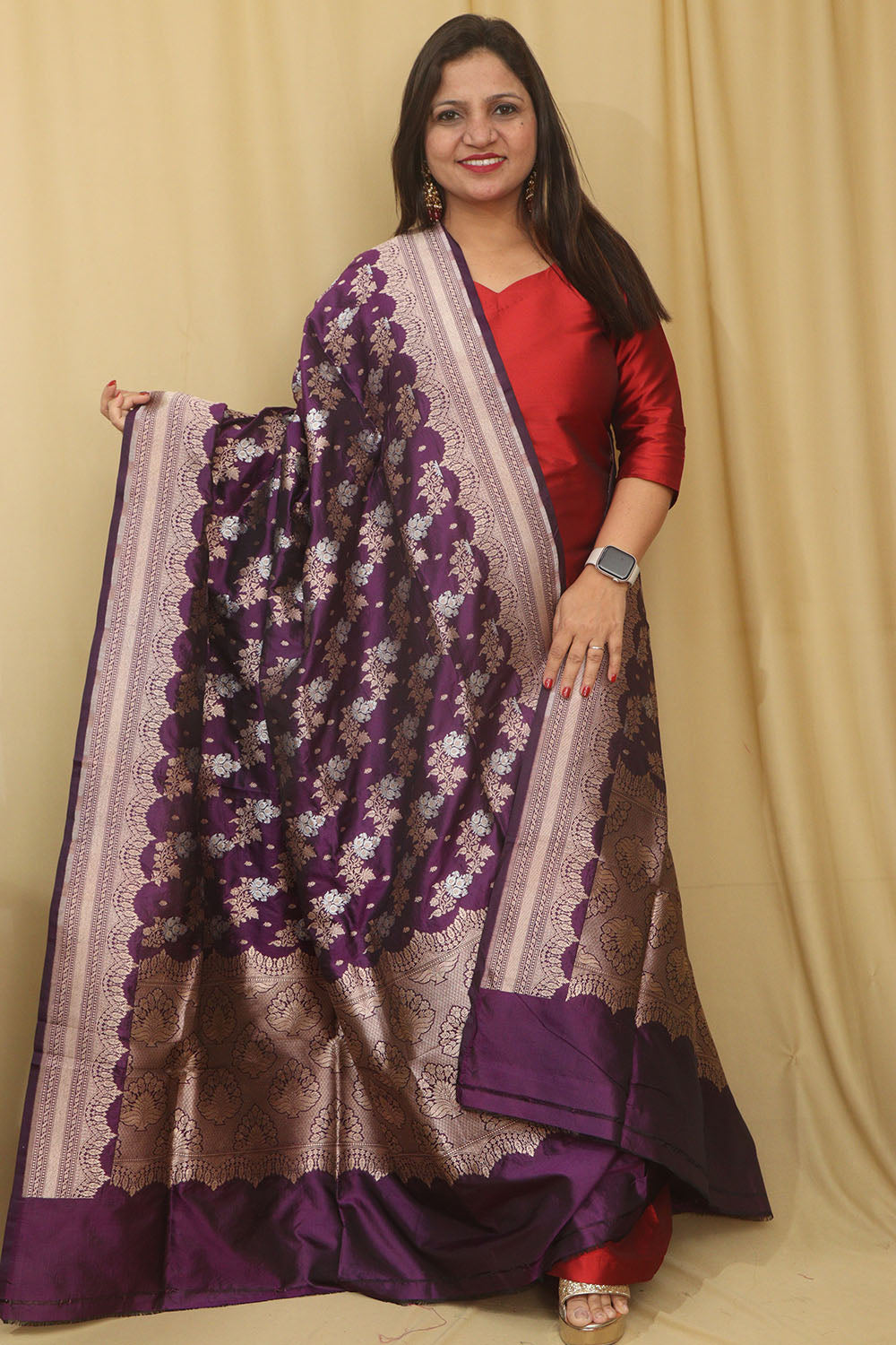 Exquisite Purple Banarasi Handloom Pure Katan Silk Dupatta - Luxurion World- Crafted Heirlooms