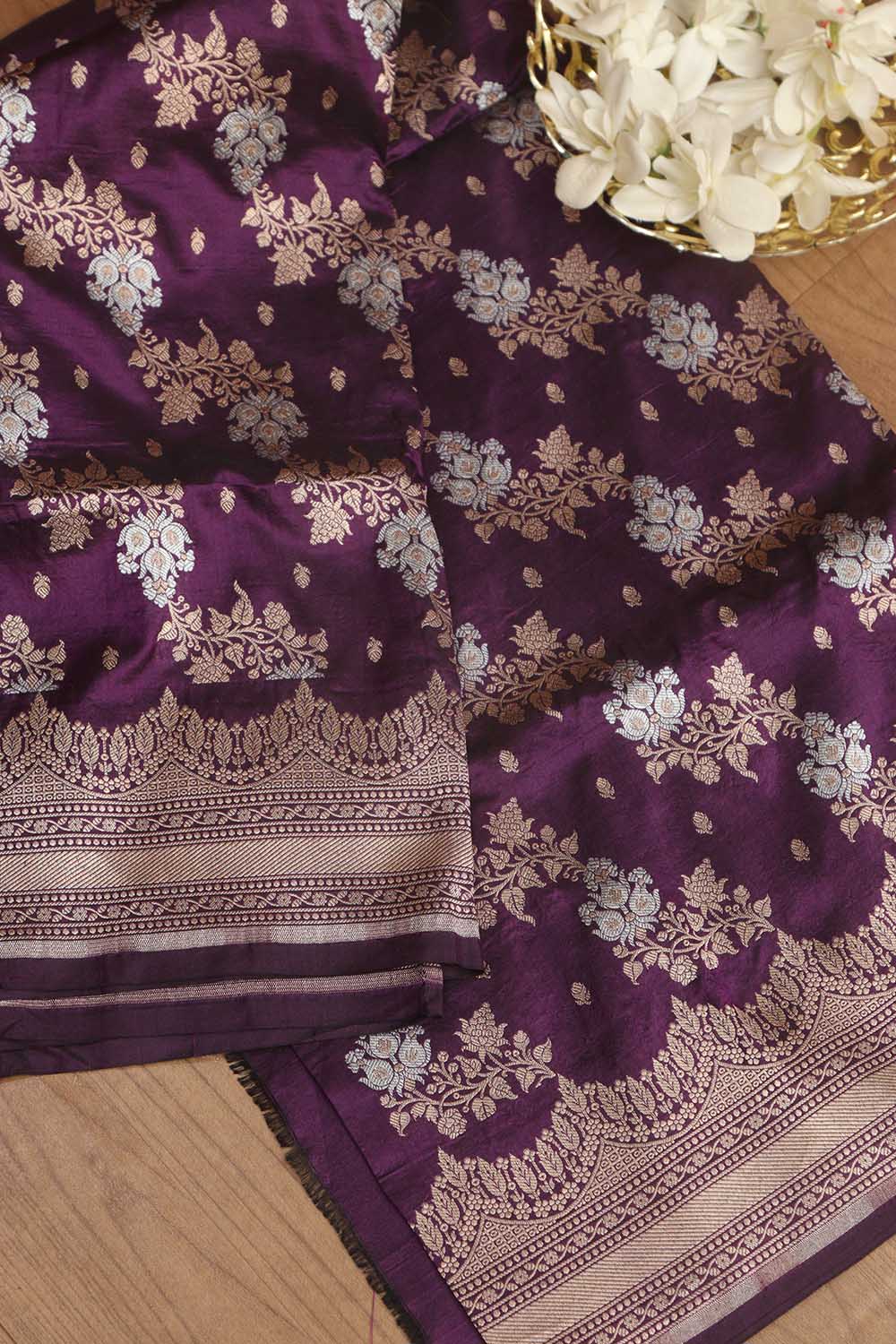 Exquisite Purple Banarasi Handloom Pure Katan Silk Dupatta - Luxurion World- Crafted Heirlooms