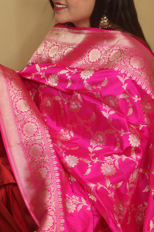 Pink Banarasi Handloom Pure Katan Silk Dupatta - Luxurion World