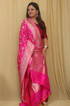 Pink Banarasi Handloom Pure Katan Silk Dupatta - Luxurion World- Crafted Heirlooms