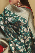Green Banarasi Handloom Pure Katan Silk Dupatta - Luxurion World- Crafted Heirlooms