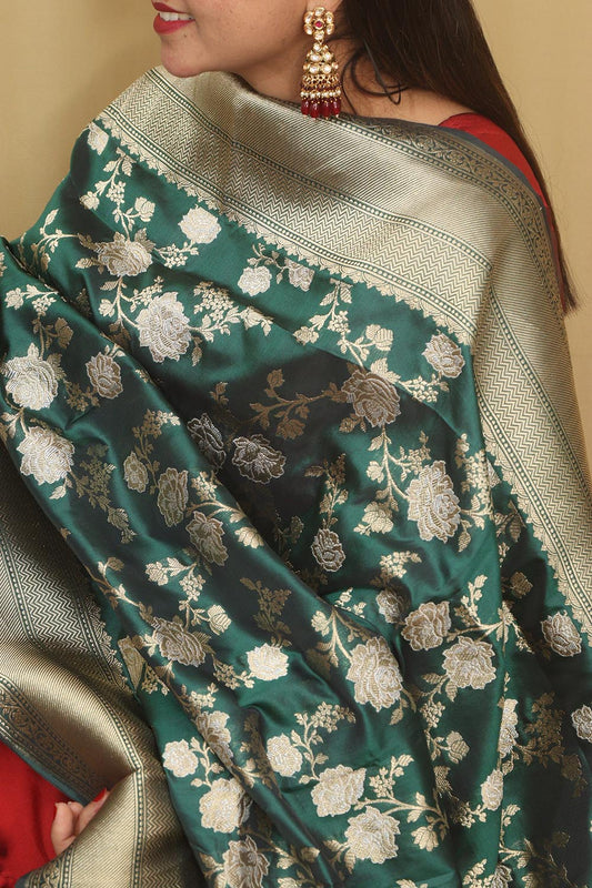Green Banarasi Handloom Pure Katan Silk Dupatta - Luxurion World
