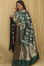 Green Banarasi Handloom Pure Katan Silk Dupatta - Luxurion World- Crafted Heirlooms