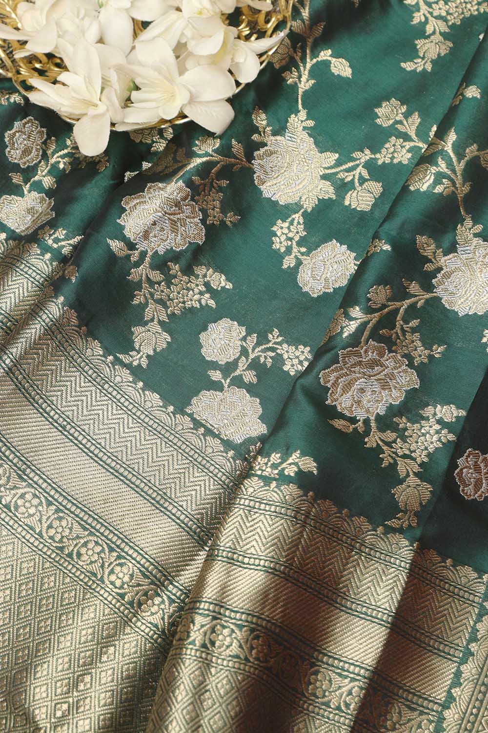 Green Banarasi Handloom Pure Katan Silk Dupatta - Luxurion World- Crafted Heirlooms
