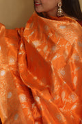 Elegant Orange Banarasi Handloom Pure Katan Silk Dupatta - Luxurion World- Crafted Heirlooms