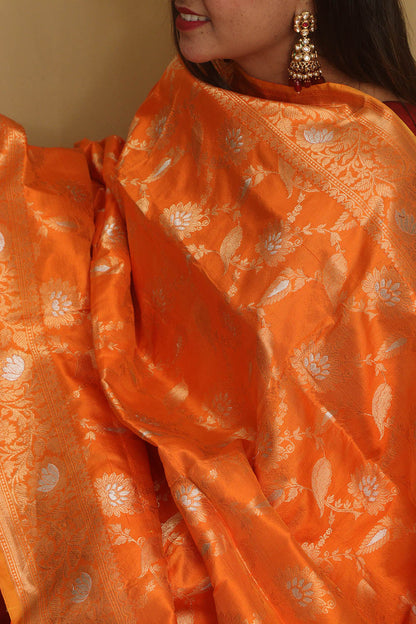 Elegant Orange Banarasi Handloom Pure Katan Silk Dupatta - Luxurion World