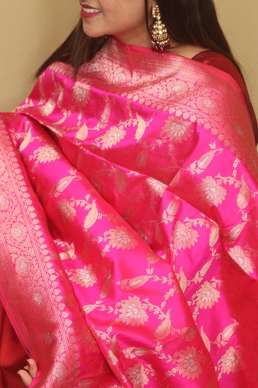 Pink Banarasi Handloom Pure Katan Silk Dupatta - Luxurion World