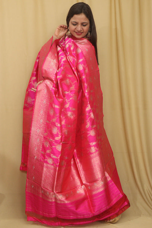 Pink Banarasi Handloom Pure Katan Silk Dupatta - Luxurion World- Crafted Heirlooms