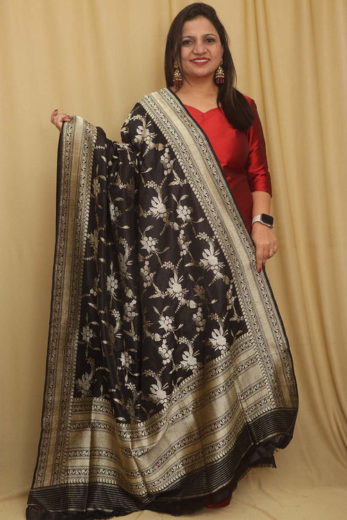 Exquisite Black Banarasi Handloom Pure Katan Silk Dupatta - Luxurion World
