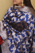 Exquisite Blue Banarasi Handloom Pure Katan Silk Dupatta - Luxurion World- Crafted Heirlooms