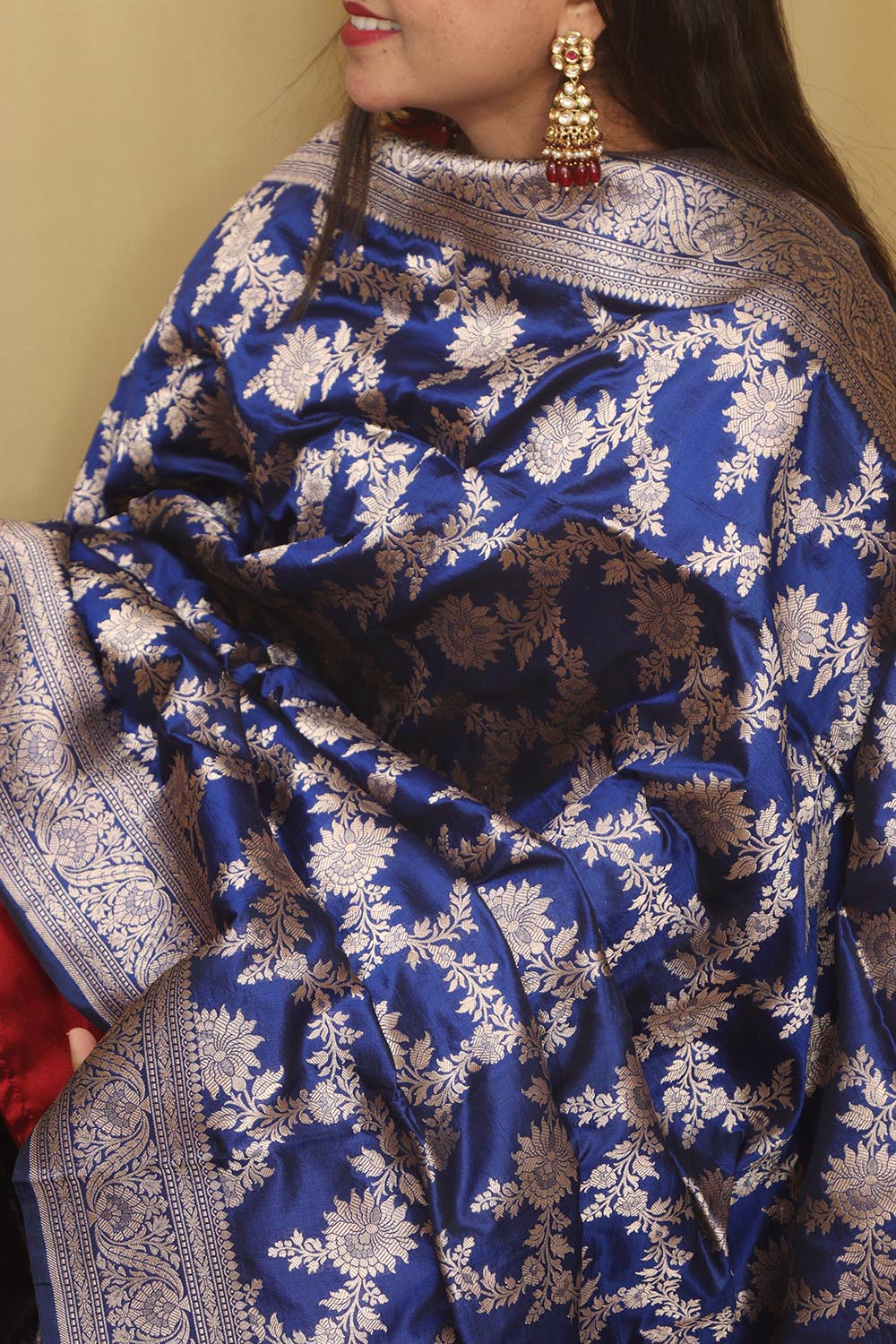 Exquisite Blue Banarasi Handloom Pure Katan Silk Dupatta - Luxurion World- Crafted Heirlooms
