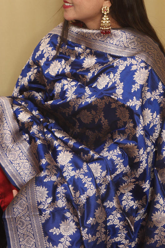 Exquisite Blue Banarasi Handloom Pure Katan Silk Dupatta - Luxurion World