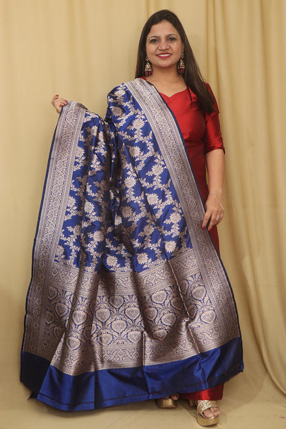 Exquisite Blue Banarasi Handloom Pure Katan Silk Dupatta - Luxurion World