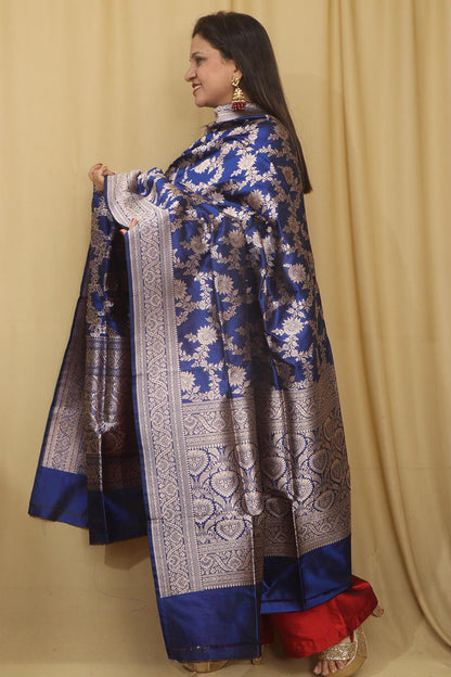 Exquisite Blue Banarasi Handloom Pure Katan Silk Dupatta - Luxurion World
