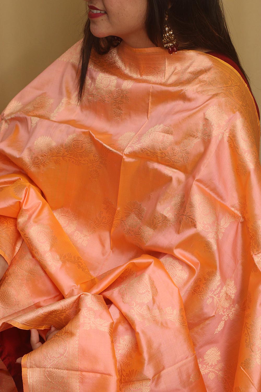 Peach Banarasi Handloom Pure Katan Silk Dupatta - Luxurion World- Crafted Heirlooms
