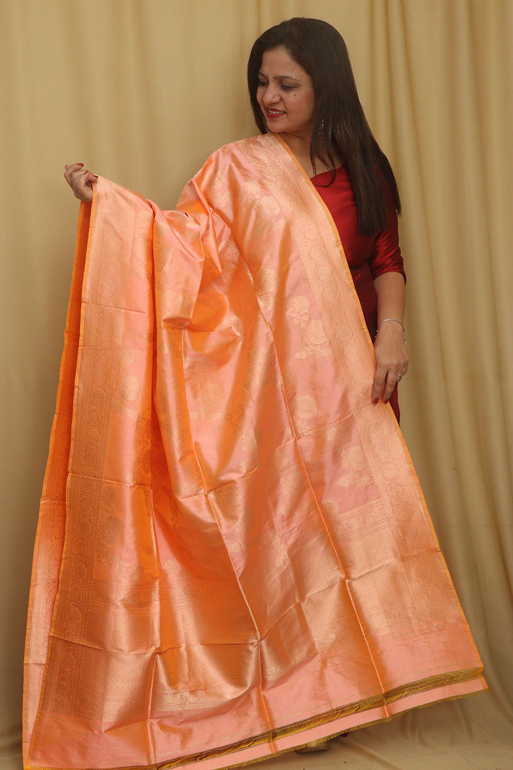 Peach Banarasi Handloom Pure Katan Silk Dupatta - Luxurion World- Crafted Heirlooms