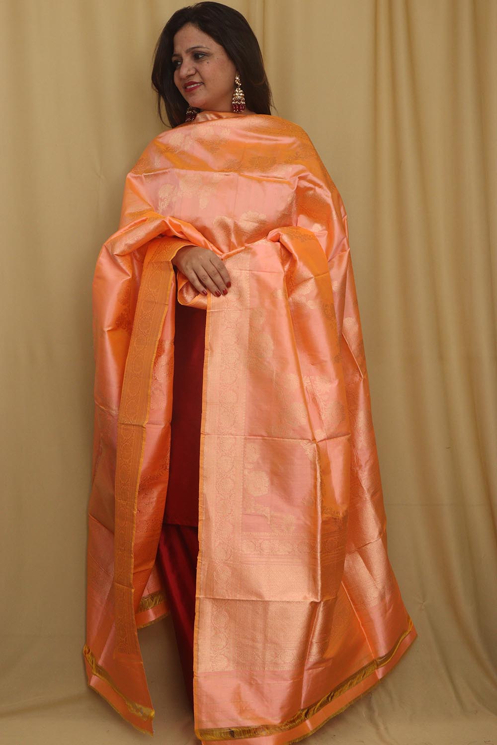 Peach Banarasi Handloom Pure Katan Silk Dupatta - Luxurion World- Crafted Heirlooms