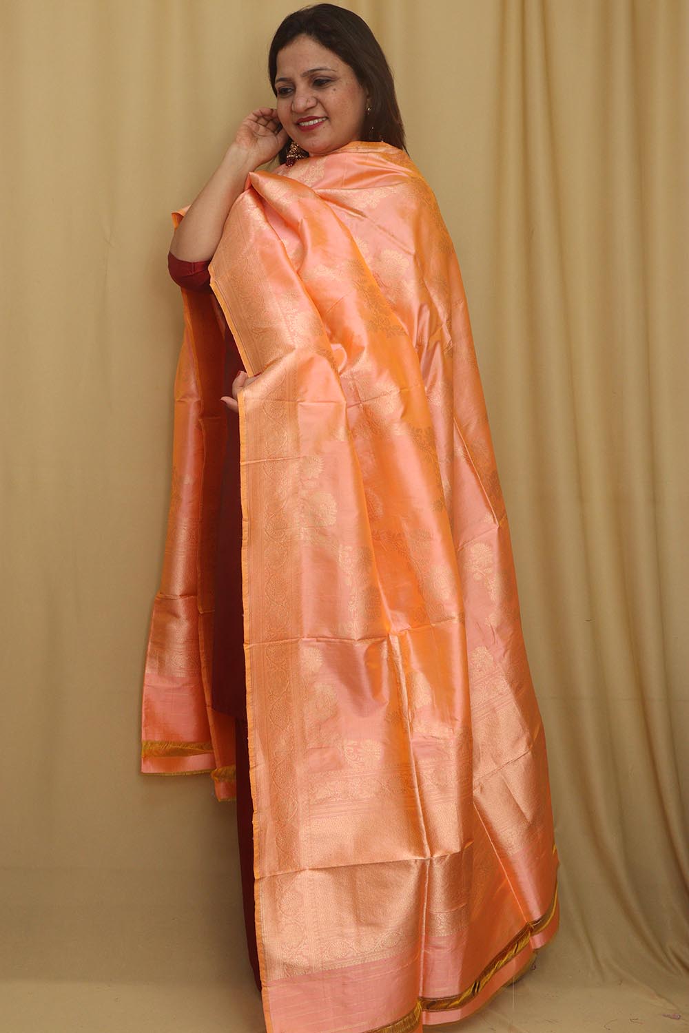 Peach Banarasi Handloom Pure Katan Silk Dupatta - Luxurion World- Crafted Heirlooms