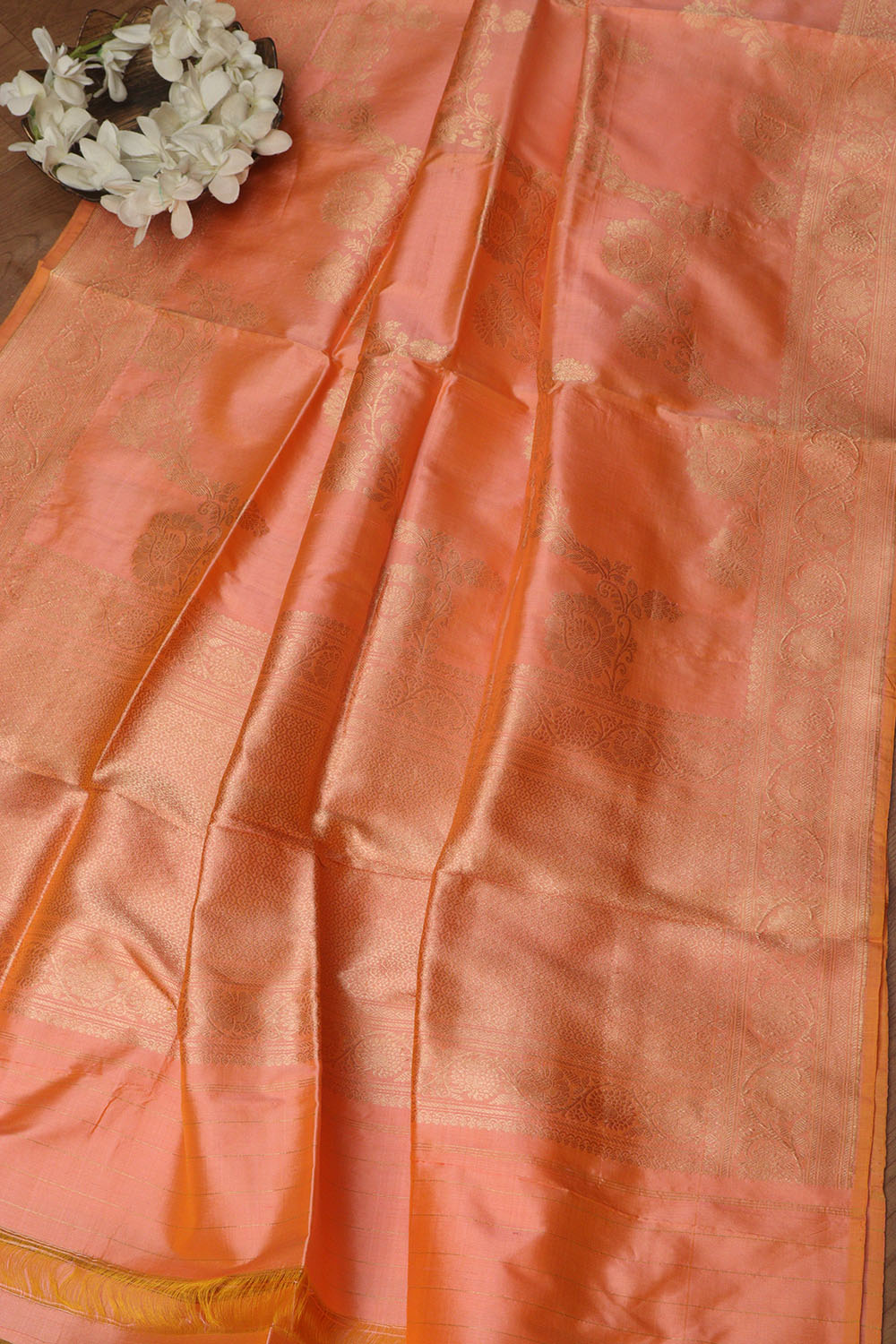 Peach Banarasi Handloom Pure Katan Silk Dupatta - Luxurion World- Crafted Heirlooms