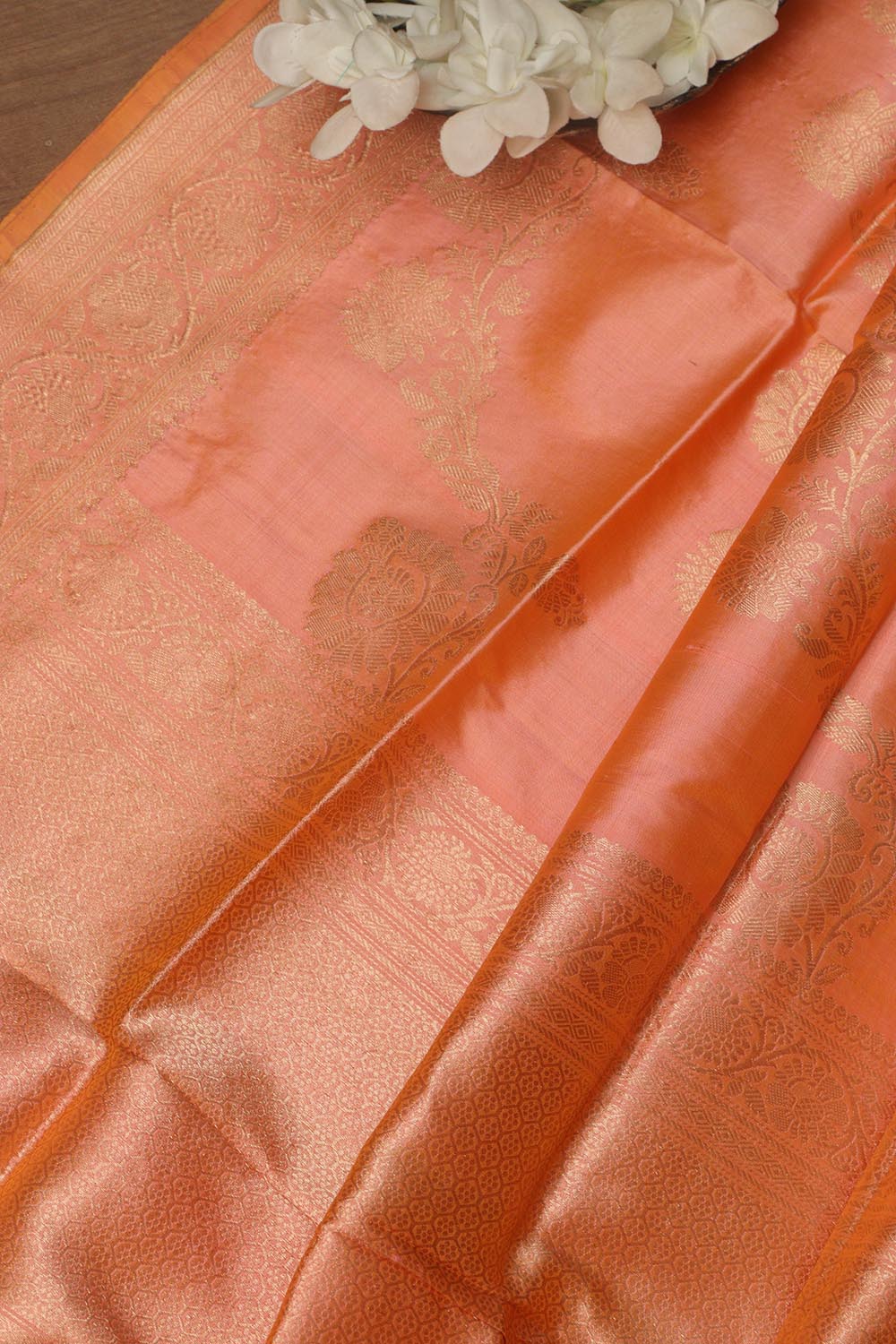 Peach Banarasi Handloom Pure Katan Silk Dupatta - Luxurion World- Crafted Heirlooms