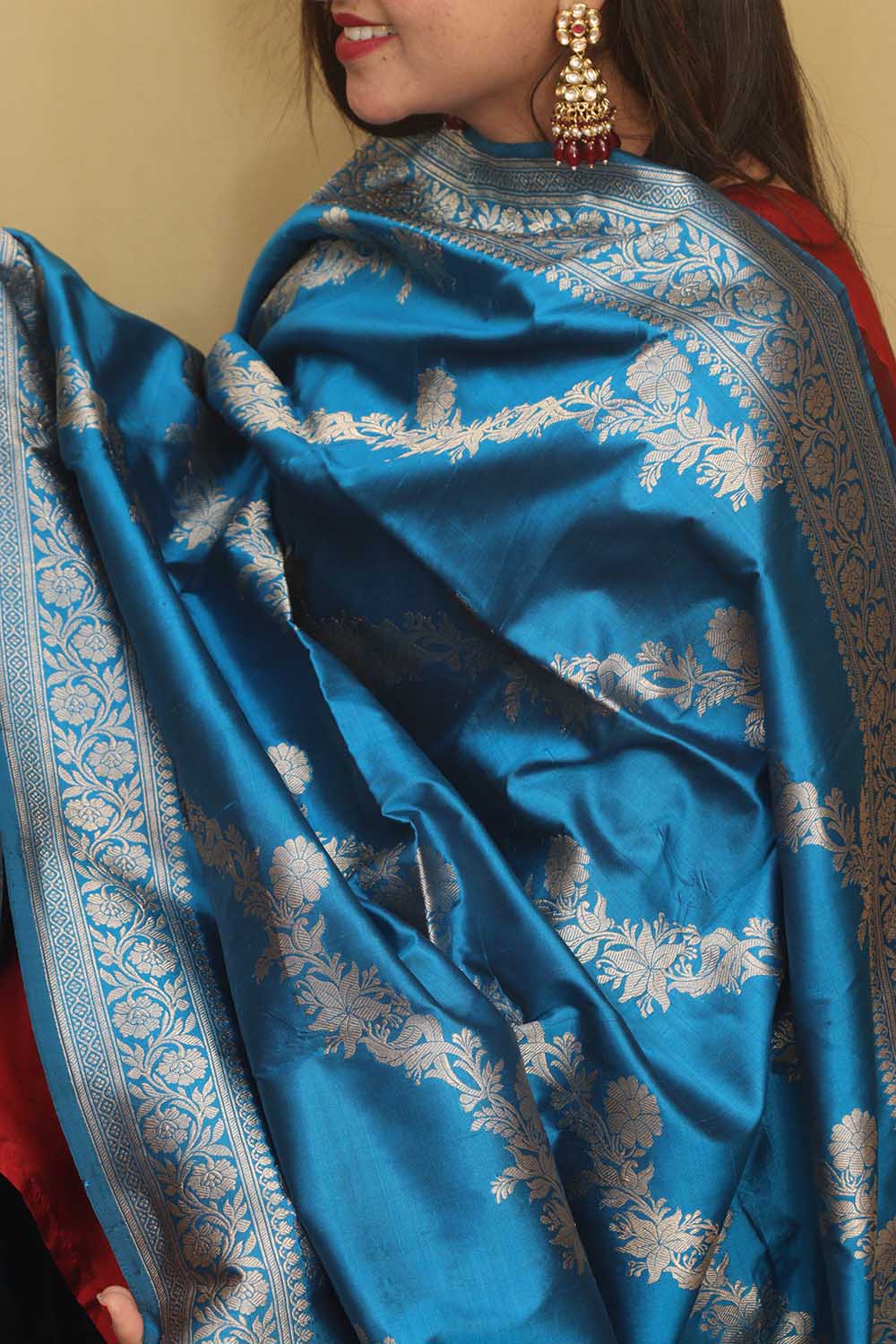 Exquisite Blue Banarasi Handloom Pure Katan Silk Dupatta - Luxurion World- Crafted Heirlooms