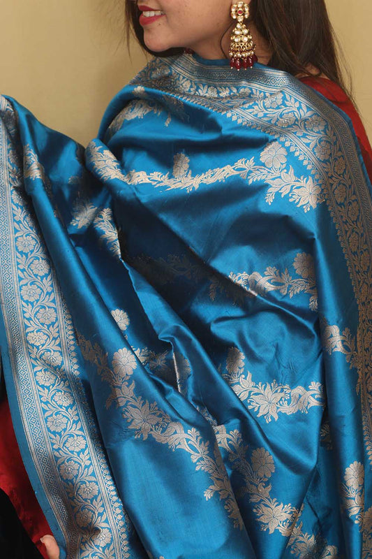 Exquisite Blue Banarasi Handloom Pure Katan Silk Dupatta - Luxurion World