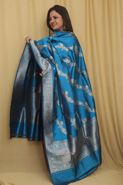 Exquisite Blue Banarasi Handloom Pure Katan Silk Dupatta - Luxurion World
