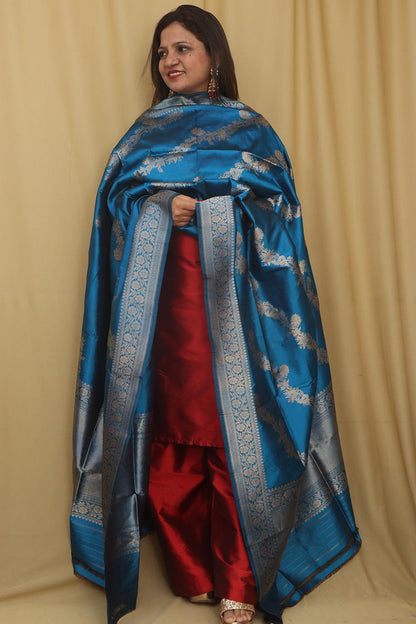 Exquisite Blue Banarasi Handloom Pure Katan Silk Dupatta - Luxurion World