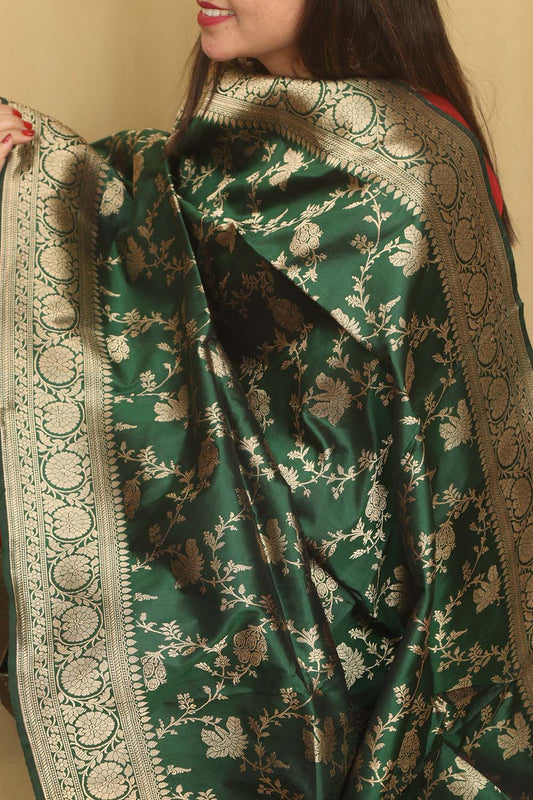 Exquisite Green Banarasi Handloom Pure Katan Silk Dupatta - Luxurion World